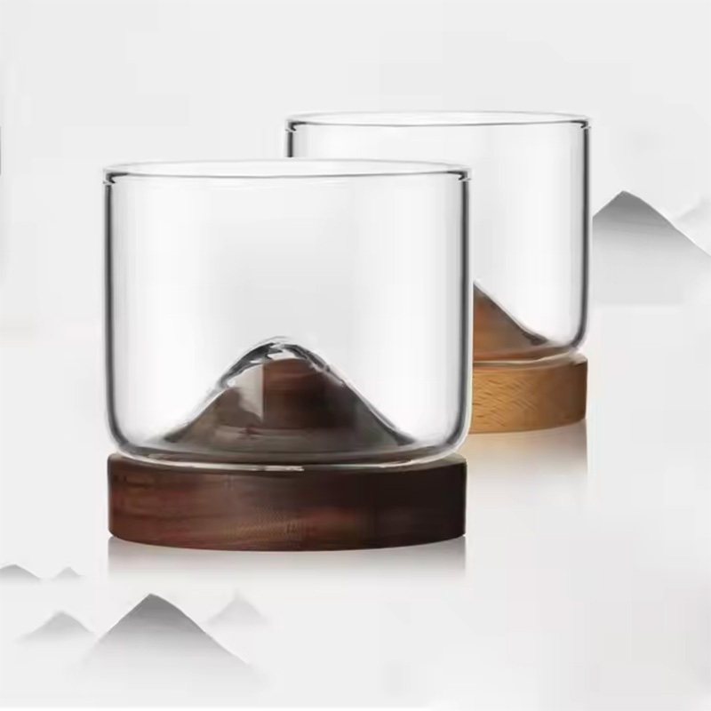 Creative Whiskey Glass Small Drinking Glass Japanese Style Mountain Wooden Bottom Wine Glass Cup with Wooden Base – Glass Cup and Glass Whiskey Wine Cup price