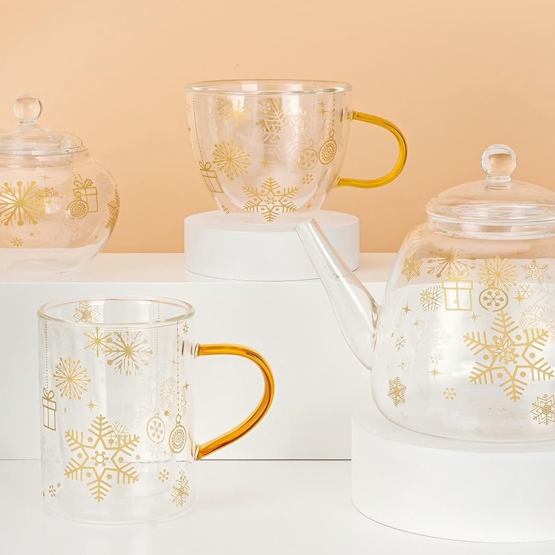 Snowflakes Teapot Coffee Cup and Saucer Glass Double Wall Mug with Filter – Mug and Double Wall Mug price