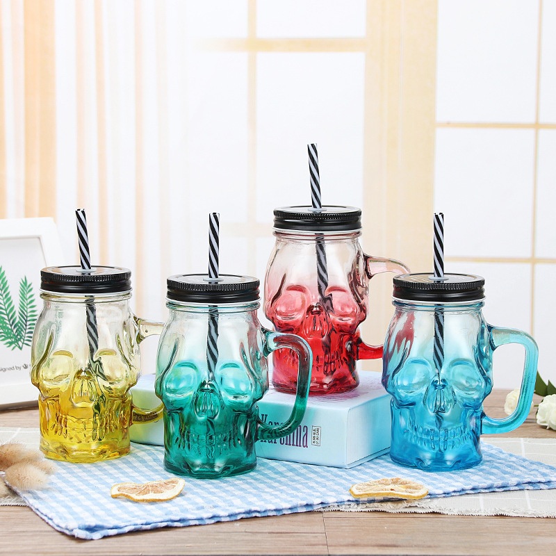 16 Oz Skull Glass Mason Drinking Mugs Tumbler Cup with Straws Old Fashioned Jar Drinking Glasses for Beverage, Brandy – Mason Jar and Mason Jars with Lid price