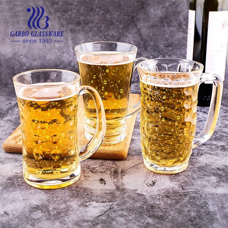 Ready to Ship Beer Cup 360ml Glass Mug for Beer Drinking Vintage Embossed Design Glass Cup with Handle Glass Mug for Wholesale – Classic Style Glass Beer Mug and Embossed Beer Mug price
