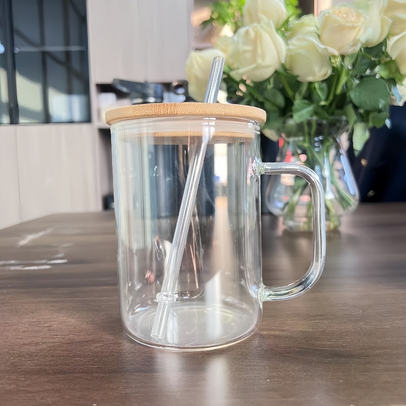 High Quality Factory Wholesale 17oz Clear Glass Can Handle Transparent Sublimation Blank Soda Mason Jar Milk Cup Mug with Bamboo Lid – Wholesale Mug and Sublimation Glass Mug price