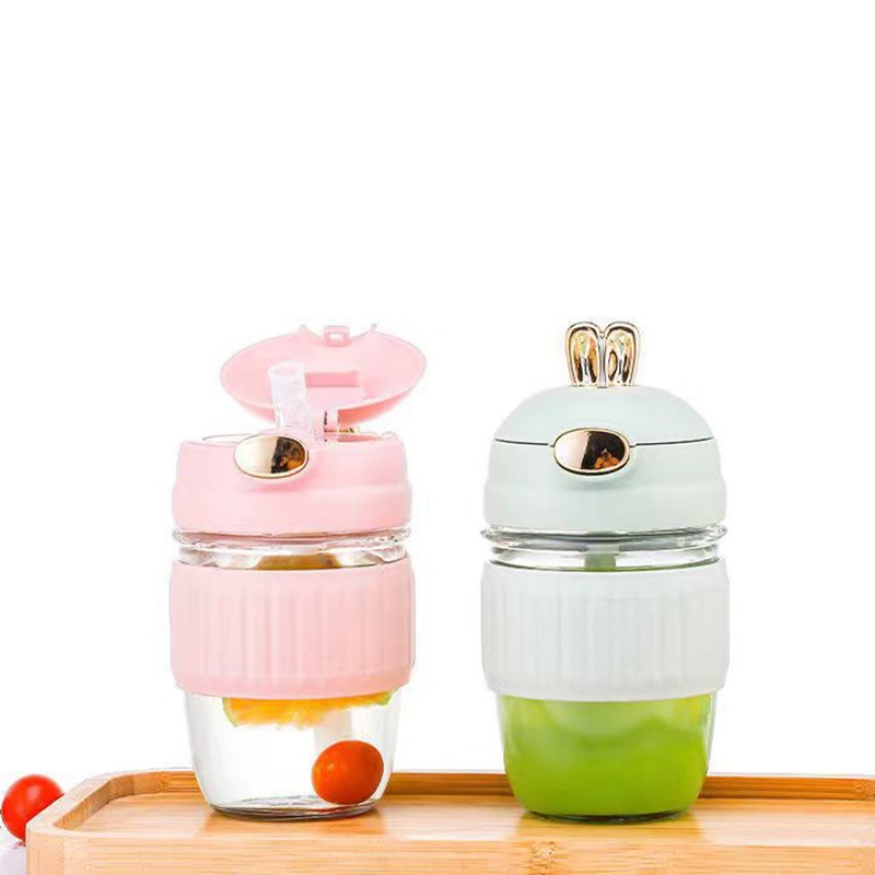 New Cute 400ml Rabbit Shape Glass Water Bottle for Girls with Straw and Silicone Sleeve for Student – Glass Water Bottles and Glass Water Bottles 12 Oz price