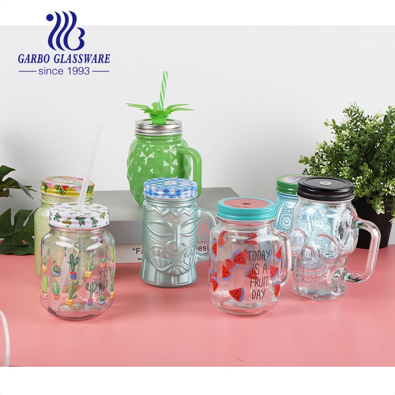 Wholesale Cheap Price 400ml 500ml Glass Mason Jar Juice Cup with Lid Handle and Straw – Glass Mason Jar and Glass Mason Cup price