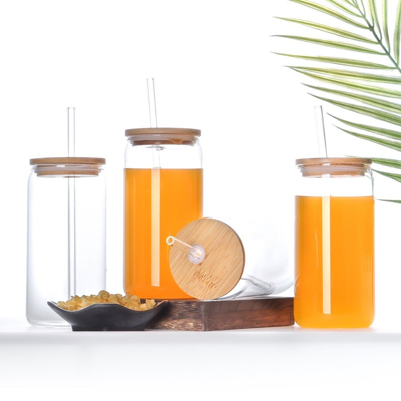 Drinking Glass 16oz Can Shaped Boba Tea Glass Beer Can Cups with Bamboo Lids and Glass Straws for Juice Beverage Milk – Glass Cup with Bamboo Lid and Glass Cup price