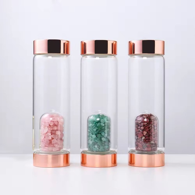 Wholesale 500ml Natural Gemstone Infused Elixir Glass Crystal Water Bottle Business Gift Quartz Stones Healing Drink – Healing Rose Quartz Bottle and Crystal Glass Water Bottle price