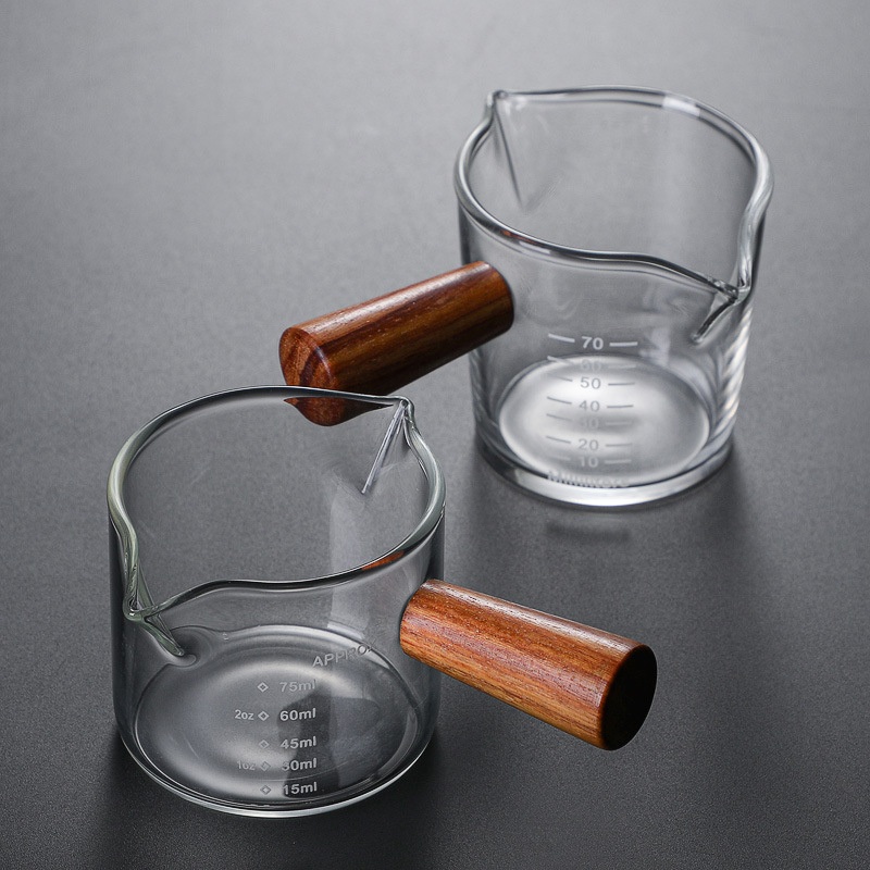 Wooden Handle Double Mouth Milk Cup Borosilicate Glass Coffee Mug Italian Glass Coffee Measuring Cups – Coffee Glass Cup and Coffee Measuring Cups price