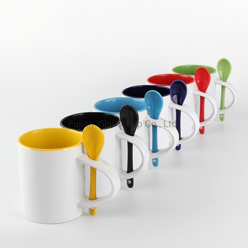 Customized 11 Oz High Quality Inner Color Coffee Cup Drinking Coated Spoon Handle Sublimation Ceramic Mug – Coffee Mug and Water Bottle price