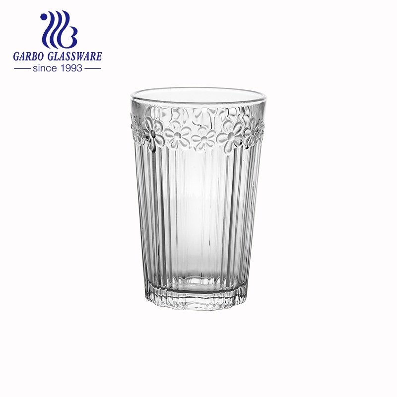 Embossed Flower Design Clear 360ml Water Drinking Tall Glass Cup – Tall Glass Cup and Glass Cup price