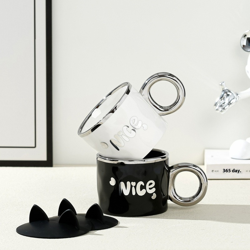 Modern Creative Black and White English Mug Ins Electroplated Ceramic Mug with Tray Office Couple Coffee Gift – Ceramic Mug and Mugs Ceramic price