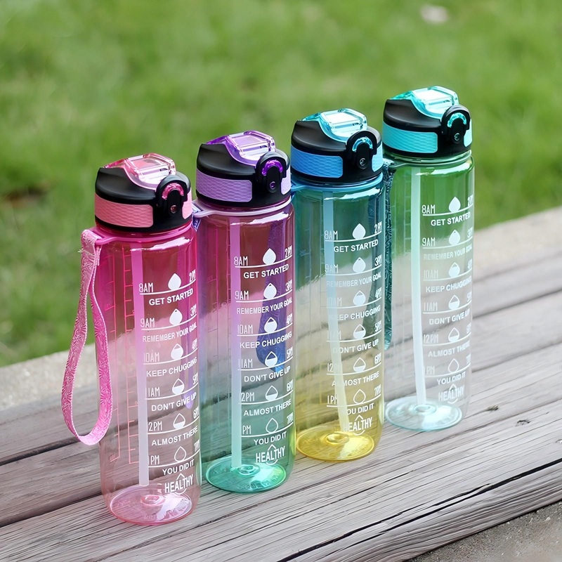 Wholesale 1L Gradient Large Capacity 1000ml Portable Eco-Friendly Sports Fitness BPA Free Plastic Cup Mug Jug Kettle Water Bottle with Time Marker – Water Bottle and Plastic Bottle price