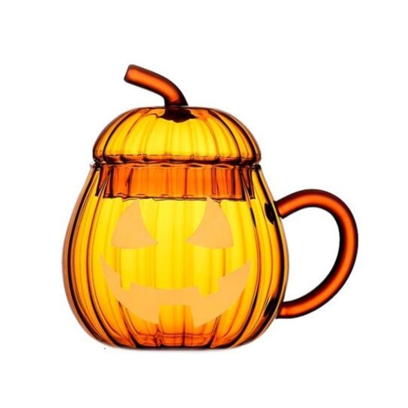 Halloween Special Customized Fashion Glass Pumpkin Amber Color Cup with Lid – Drinking Glass Cup and Glass Water Cup price