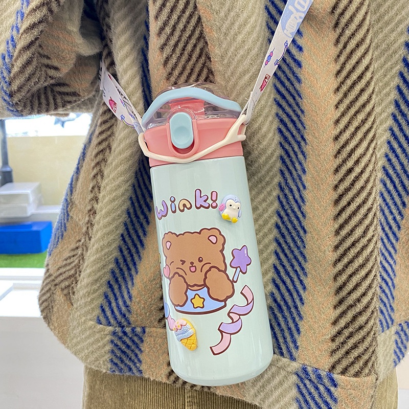 Newest Kawaii 20oz Stainsteel Steel Bouncing Pea Kids Water Cup Portable Handle Leakproof Straws Tumbler Water Bottle – Water Bottle Kids and Kawaii Water Bottle price