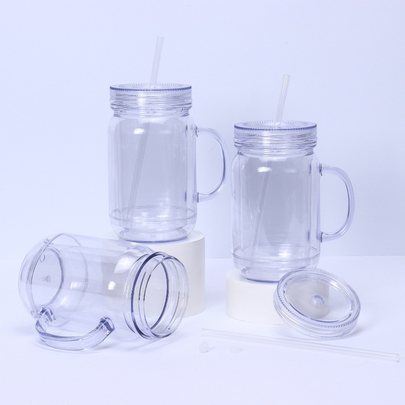 Pre Drilled Snow Globe Mason Jar 20oz Plastic Double-Wall Cup Transparent Clear Drinking Water Bottle with Mug Cup with Straw – Water Plastic Bottles Mason Jar Cup and Pre Drill with Plug Mason Jar 20oz Cup price