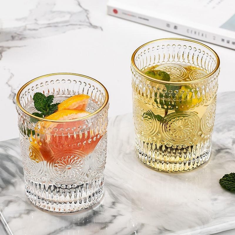 Wholesale Vintage Embossed Gold Rim Glass Ice Coffee Juice Cup 300ml 350ml Sunflower Embossed Glass Water Drinking Cup for Wedding Gift – Iridescent Drinking Glasses and Customised Crystal Glass Cups with Embossed Logo price