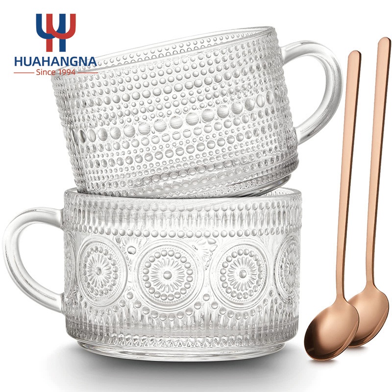 Vintage Tableware Milk Tea Dessert Glass Cup Set Clear Embossed Glass Coffee Mug for Cappuccino Latte Yogurt – Coffee Mug and Glass Mug price