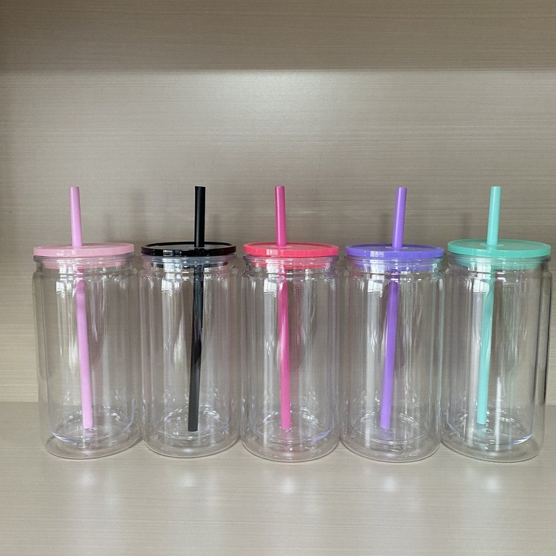 16oz Acrylic Plastic Snow Globe Beer Can Double Wall Clear Pre Drilled Cup Tumbler with Lid and Straw – Plastic Mason Cup and Acrylic Cup price