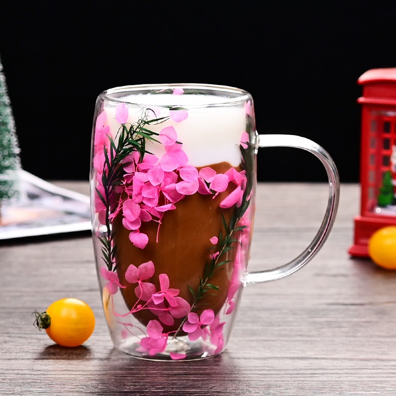 450ml Dry Flowers Heat Resistant Double Wall Glass Tea Coffee Cups Drinkware – Double Wall Glass Cup and Glass Espresso Coffee Cup price