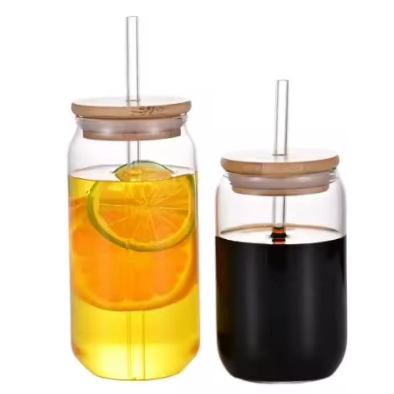 Hot Sale 12oz 16oz Transparent Clear Blank Sublimation Beer Can Shaped Glass Cups Bottle with Bamboo Lid and Straw – Glass Cup and Glass Coffee Cup price