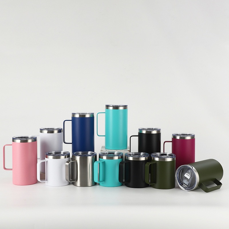Hot Selling 16oz 480ml Powder Coated Camping Coffee Travel Mug 304 Stainless Steel Mug with Lid Handle – Cup and Mug price