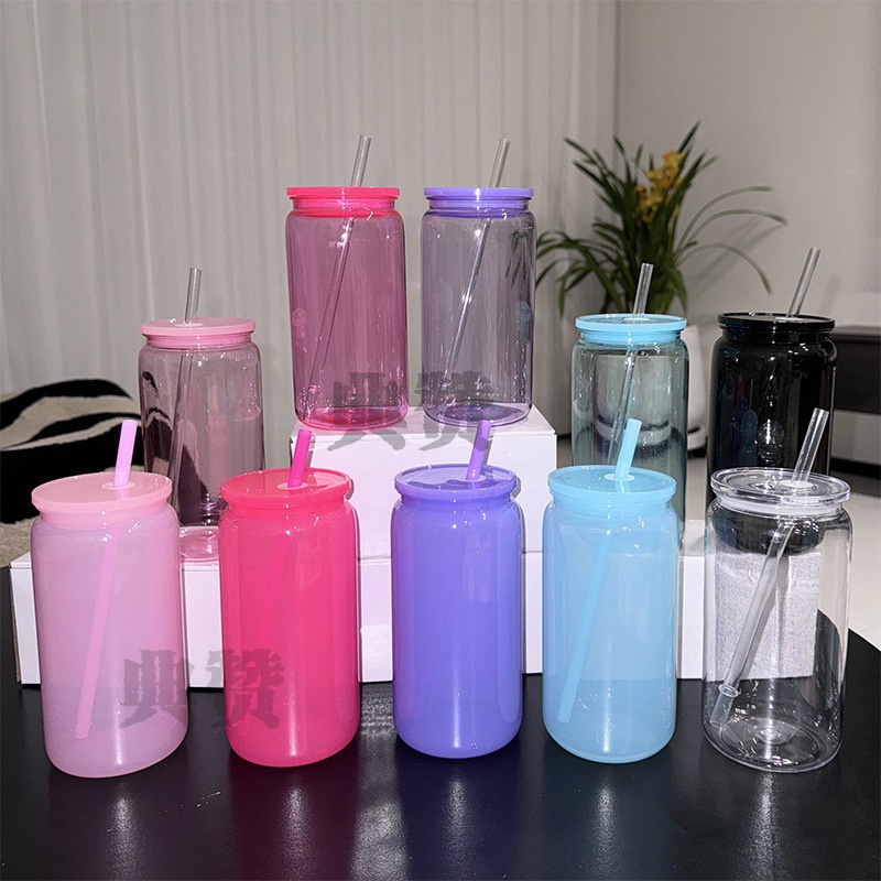 16oz Plastic Drinking Can for Kids Unbreakable Outdoor Picnic Cold Cup with Lid and Straw Transparent Plastic Jerry Cup – Plastic Mason Cup and Acrylic Cup price