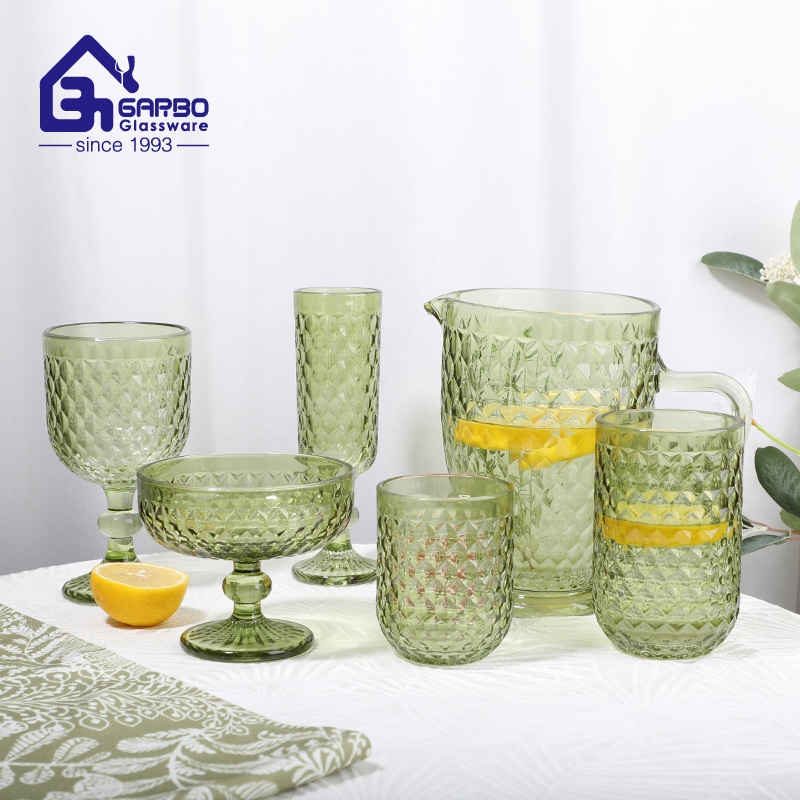 Wholesale Party Solid Colored Glassware Embossed Vintage Glass Colored Wine Goblet Tumbler Cup for Juice Champagne Water – Glass Cup and Colored Glass Cup price