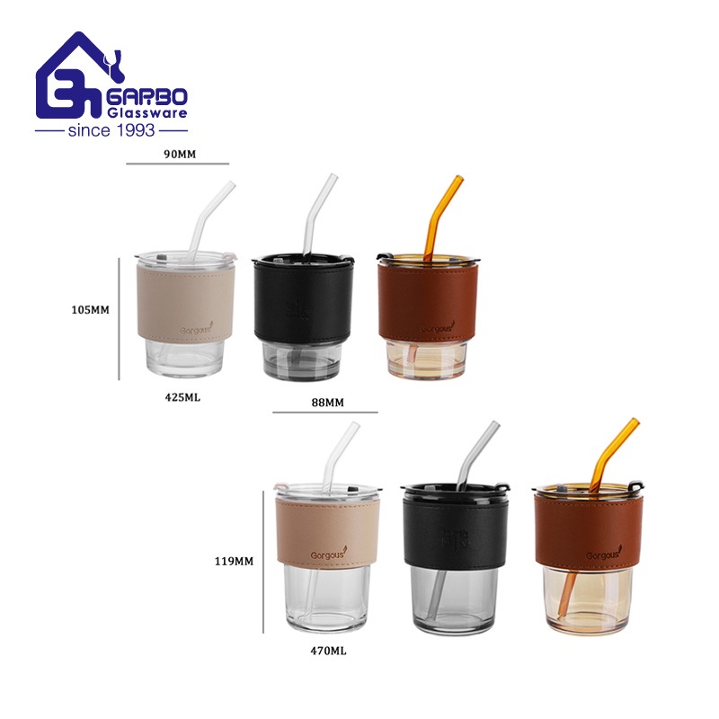 China Supply Reusable Household Coffee and Milk Travel Mug Transparent Amber Grey Color Slub Glass Cup Gift Cup with Glass Straw and Leather Sleeve – Glass Cup and Slub Glass Cup price