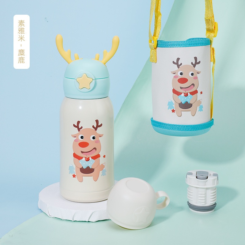 New Arrival Christmas Gifts Cute Cartoon Elk Horn 500ml 316 Stainless Steel Vacuum Kids Water Bottles Flask with Straw Pouch Drinking Cup – Thermos Flask and Vacuum Flask price