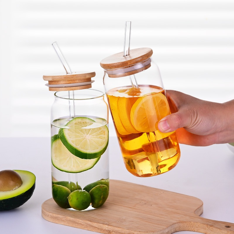 Beer Can Shape Borosilicate Glass with Bamboo Lid and Straw – Glass Cup Coke Cup Milk Cup and Beer Cup Straw Cup Coffee Cup price