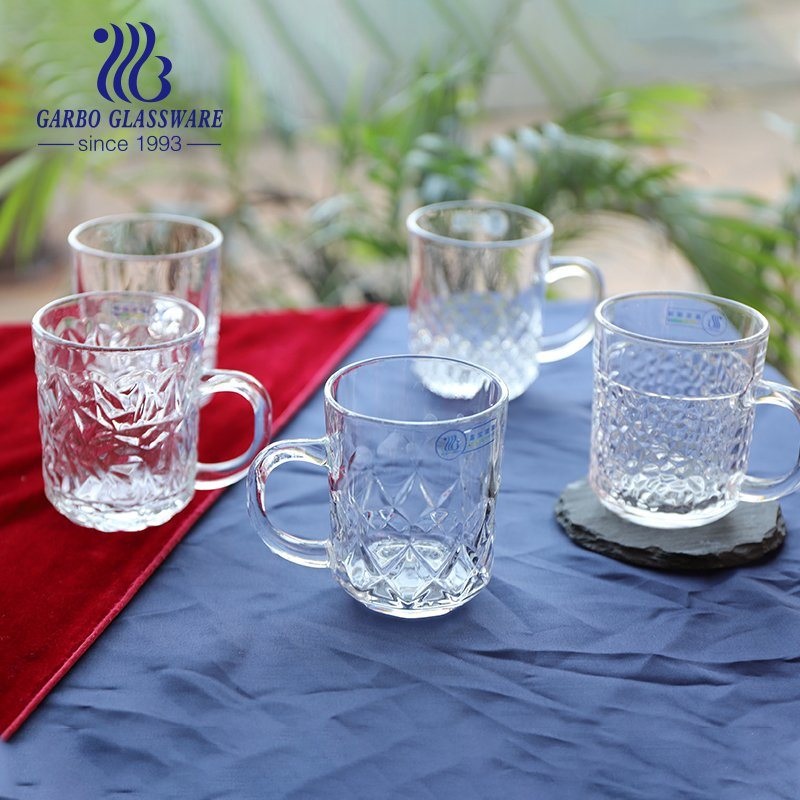 8oz Wholesale Embossed Classical Popular High-White Glass Water Milk Tea Coffee Drinking Mug with Engraved Pattern Glass Cup for Promotion Tea Shop – Mug and Glass Mug price