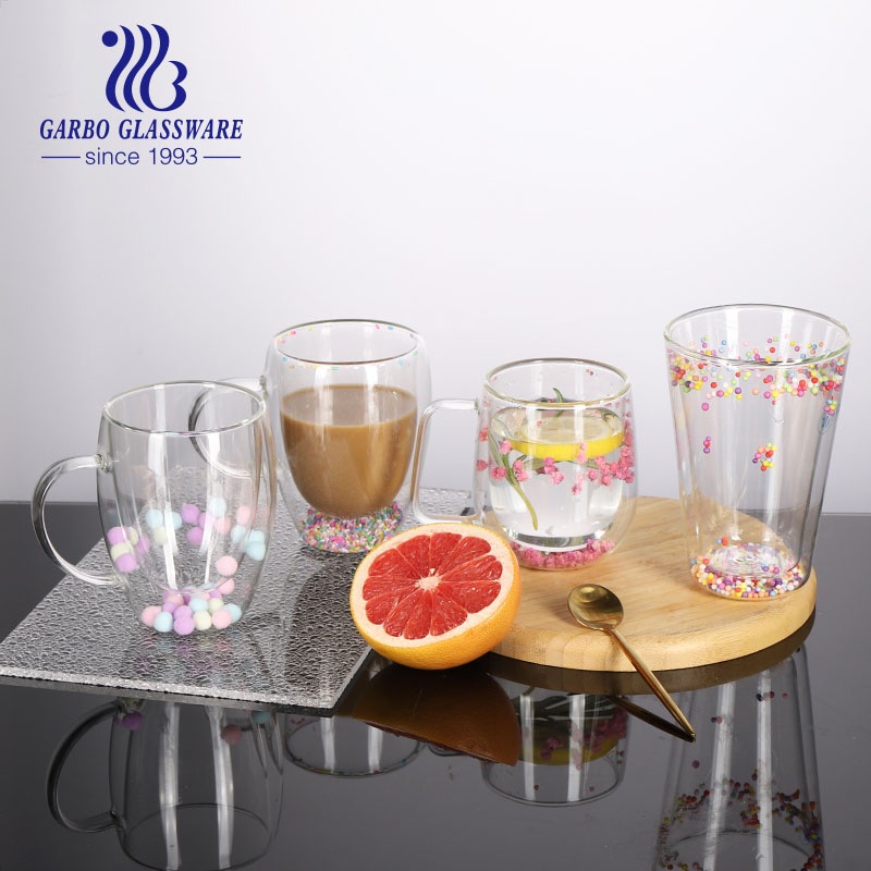 Customized Borosilicate Double Wall Glass Coffee Cup with Spangle Decoration – Glass Cup and Double Wall Glass Cup price
