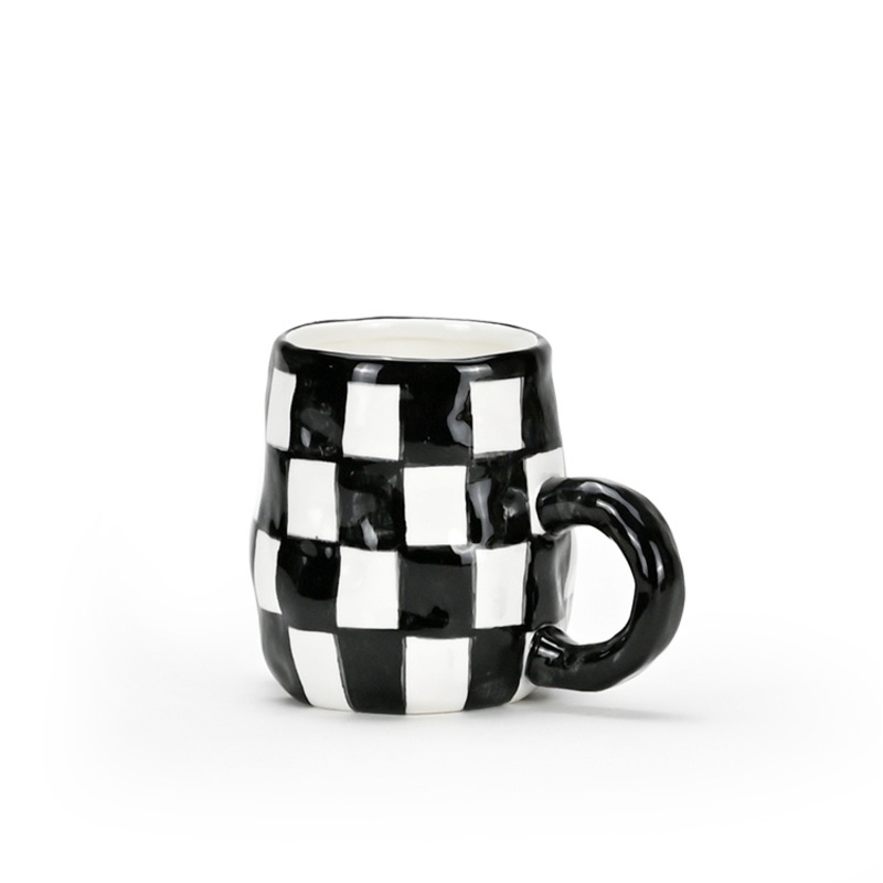 Handmade Ceramic Mug Hand Painted Grid Design Chessboard Pattern Coffee Cup – Ceramic Mug and Mugs Ceramic price