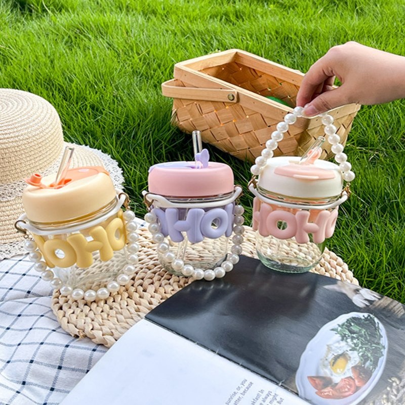 350ml Kawaii Glass Water Bottle Cute Drink Bottle with Pearl Chain Gifts Cup with Straw Portable – Glass Water Bottles and Water Bottles price