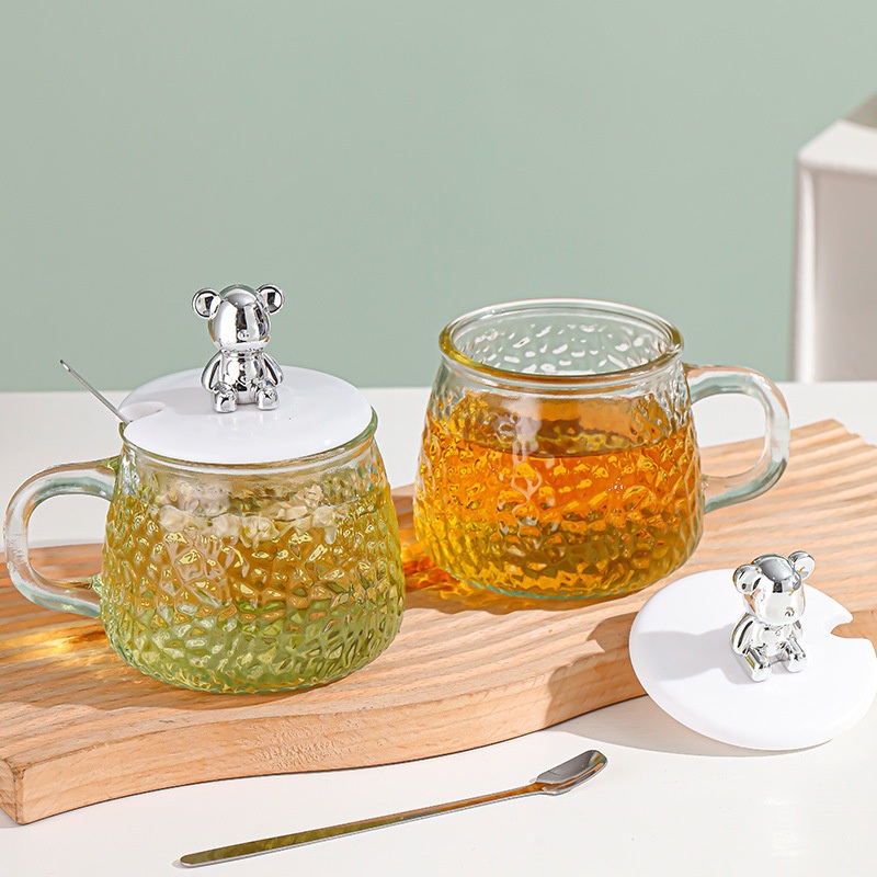 Unique Design Gifts Cute Glass Coffee Cup Bear Shape Glass Water Cup with Spoon Coffee Mug with Handle and Acrylic Lid for Girls Kids – Cute Glass Cups Coffee Cup and Custom Water Bear Shaped Glass Cup price