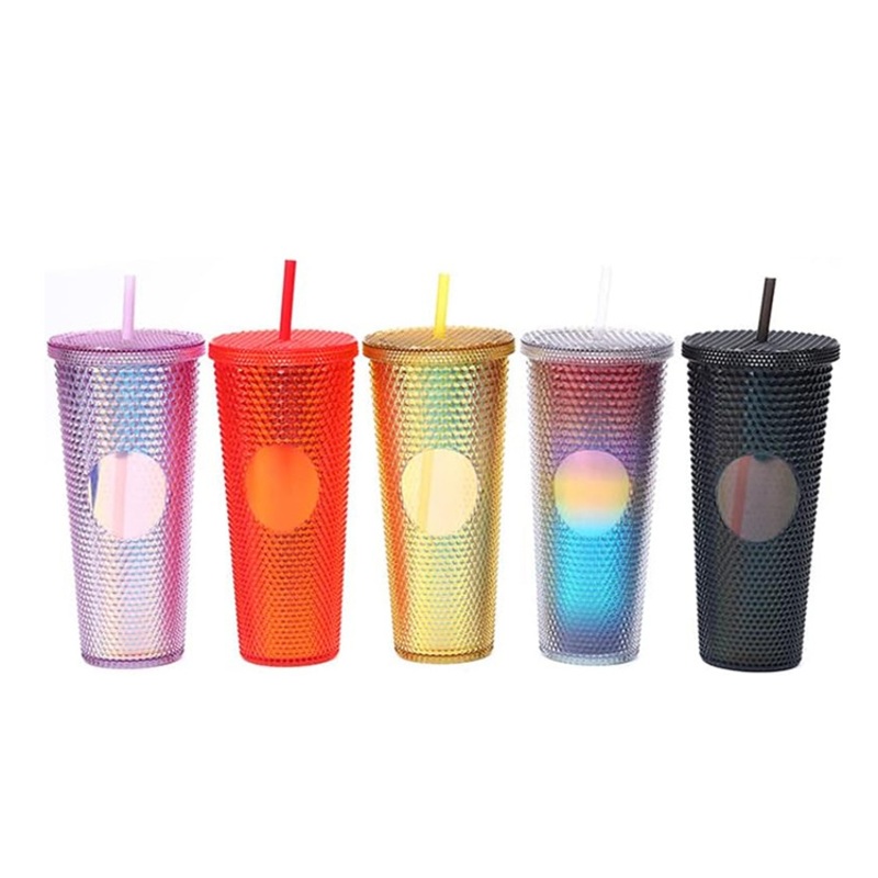 2024 Gift Colorful Double Wall Studded Pinch Cup 24oz Creative Jeweled Stud Diamond Grid Bling Tumbler Cold Cup with Straw – Studded Tumbler and Plastic Tumbler price