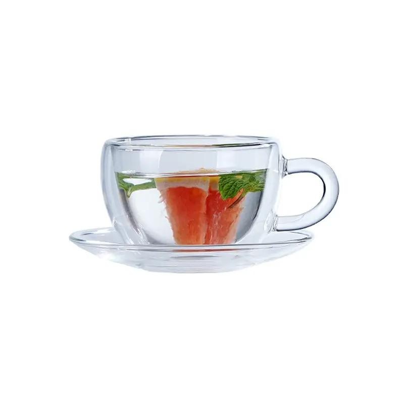Best Selling Small Glass Cup Coffee Cup Tea Cup with Saucer Set – Double Wall Glass Mug and Tea Glass Cup price