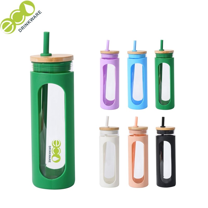 Ga2010 600ml/21oz OEM Custom Logo BPA Free Borosilicate Glass Bamboo Drinking Water Tumbler with Straw and Silicone Sleeve – Glass Cup and Glass Water Bottle price