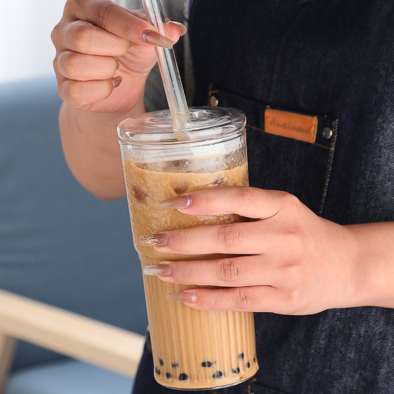 Wholesale Glass Water Cup Ladies Summer Drink Cup with Straw Large Capacity Milk Tea Cup with Lid – Glass Cup and Custom Coffee Cups Glass price