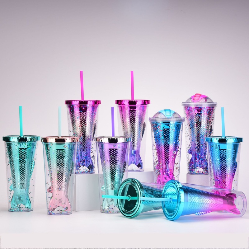 2023 Wholesale Summer New Design Double Wall Plastic Mermaid Gradient Bling Cups Tumbler with Straw and Electroplate Lid – Tumbler Cups and Double Wall Plastic Tumbler price