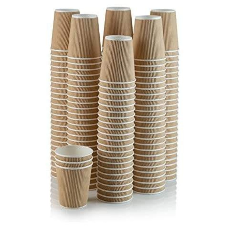 8oz 12oz Double Layer Durable Paper Cups Brown Disposable Paper Cups with White Lids – Shape Ripple Paper Cups and Kraft Cup for Drinks price