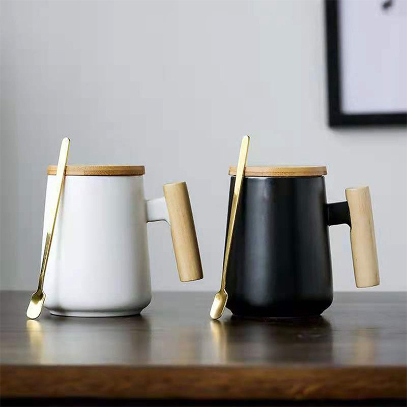 16oz White Black Ceramic Drinkware Bamboo Lid and Stir Spoon Wooden Handle Coffee Mug – Wooden Handle Coffee Mug and Ceramic Coffee Mug price