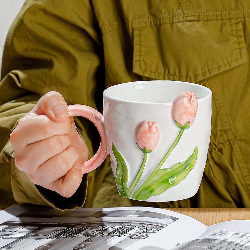 Creative Small Fresh Tulip Three-Dimensional Relief Flower Ceramic Cup with Circle Handle – Cups and Ceramic Mug price
