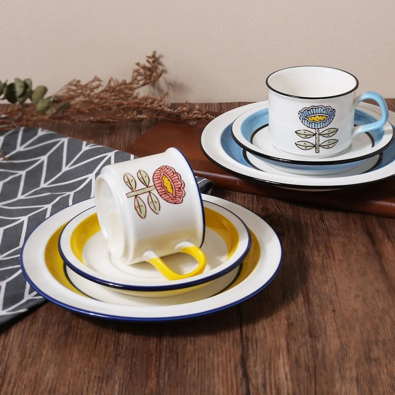 Finnish Medieval Coffee Cup and Saucer Hand-Painted Relief Flower Ceramic Plate Afternoon Tea Mug – Dinner Set and Tableware price