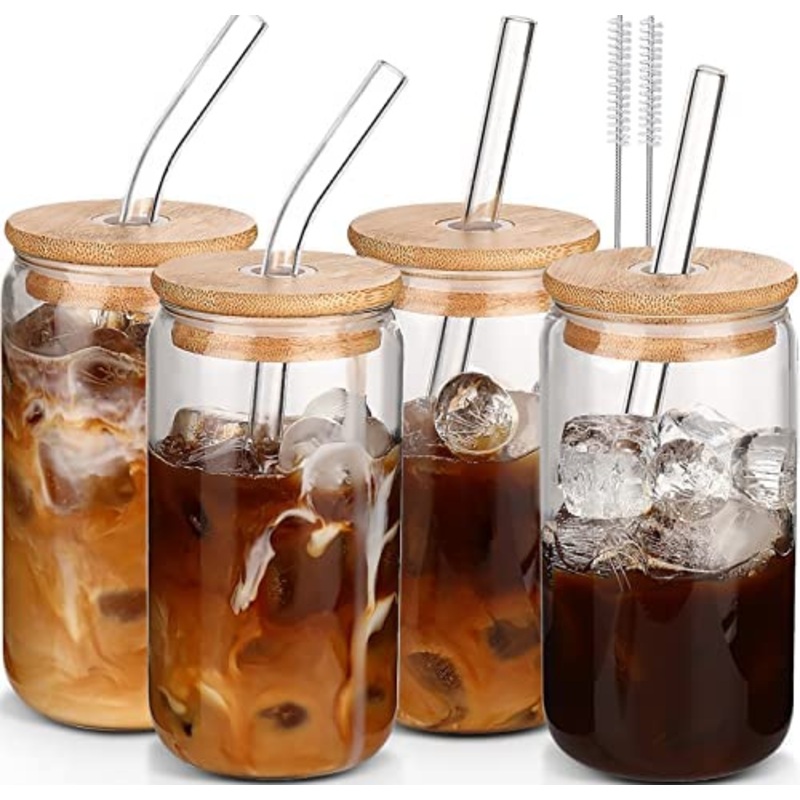 Glass Cups with Lids and Straws, 16oz Iced Coffee Cups with Lids-Beer Can Glass – Glass Cups and Beer Can Drinking Glasses price