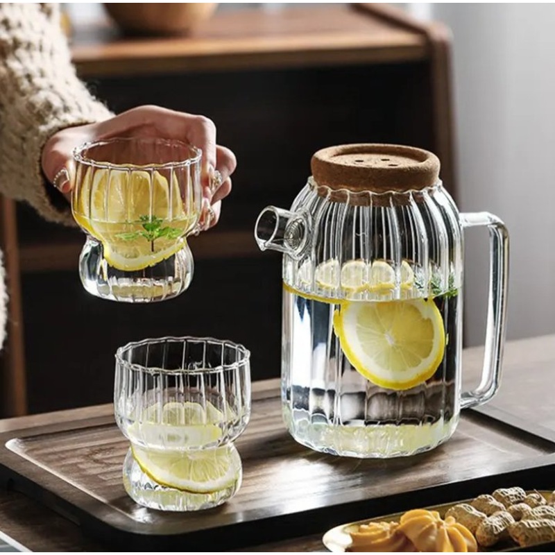 Glass Water Pot New Arrival Heat Resistant Borosilicate Clear Striped Coffee Sharing Pot Cup Set – Glass Bottle and Glass price