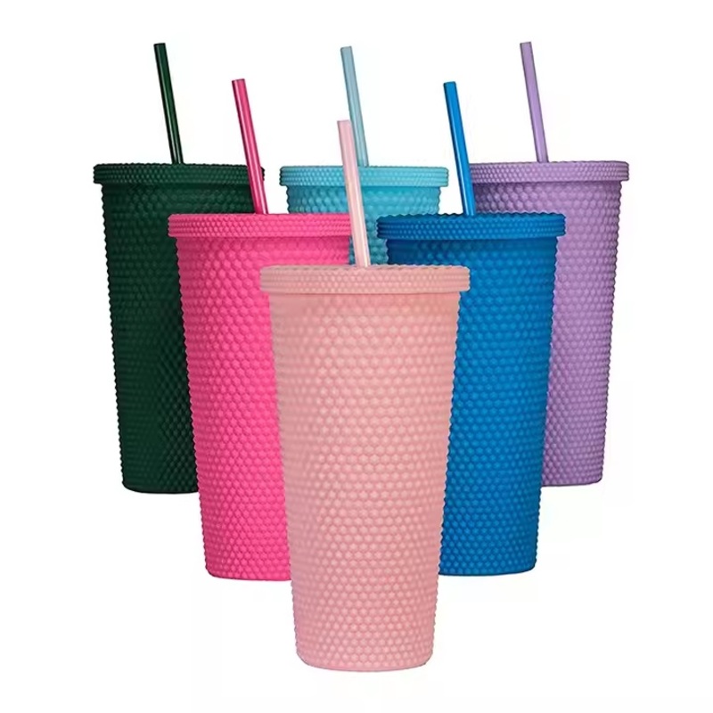 Matte Plastic Double Layer Tumbler Water Cup 24oz Color Inlaid Cup Durian Cup with Lid and Straw Water Bottle – Durian Cup and Double Layer Tumbler price