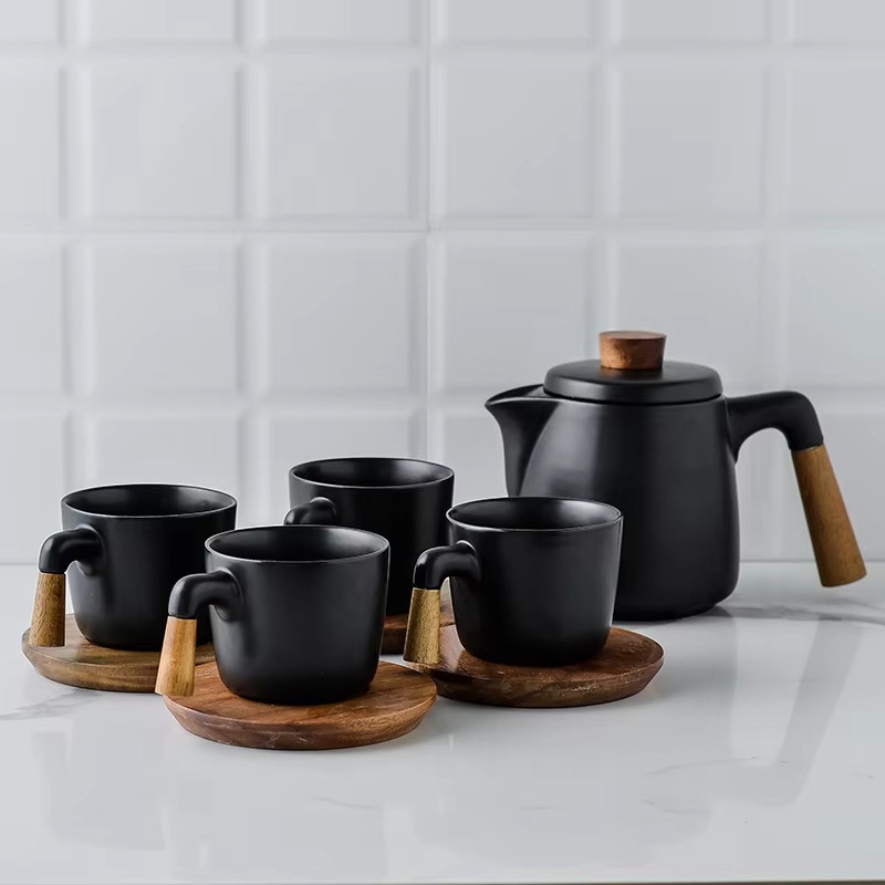 High Quality Matt Black Mugs Ceramic Tea Cups Wood Saucer with Wooden Handle Coffee Cup Gift Set Ceramics Tea Sets – Coffee Pot and Travel Coffee Pot price