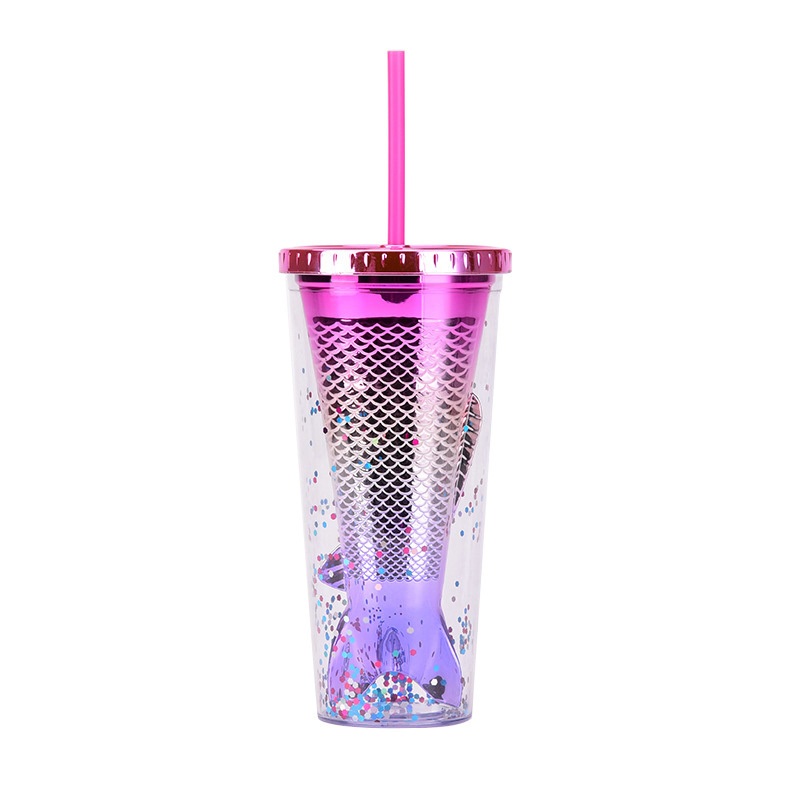 Double Layer Plastic Cup Creative Gradient Beauty Fish Tail Straw Cup – Vacuum Flask and Vacuum Cup price