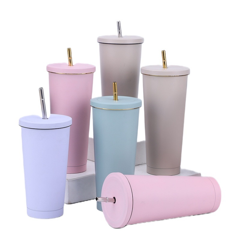 16oz 25oz Portable Simple Solid Color Design Stainless Steel Coffee Tumbler Creative Straw Cold Cup Water Drinking Mug with Gold Rim Edged – Stainless Steel Coffee Tumbler and Straw Cold Cup price