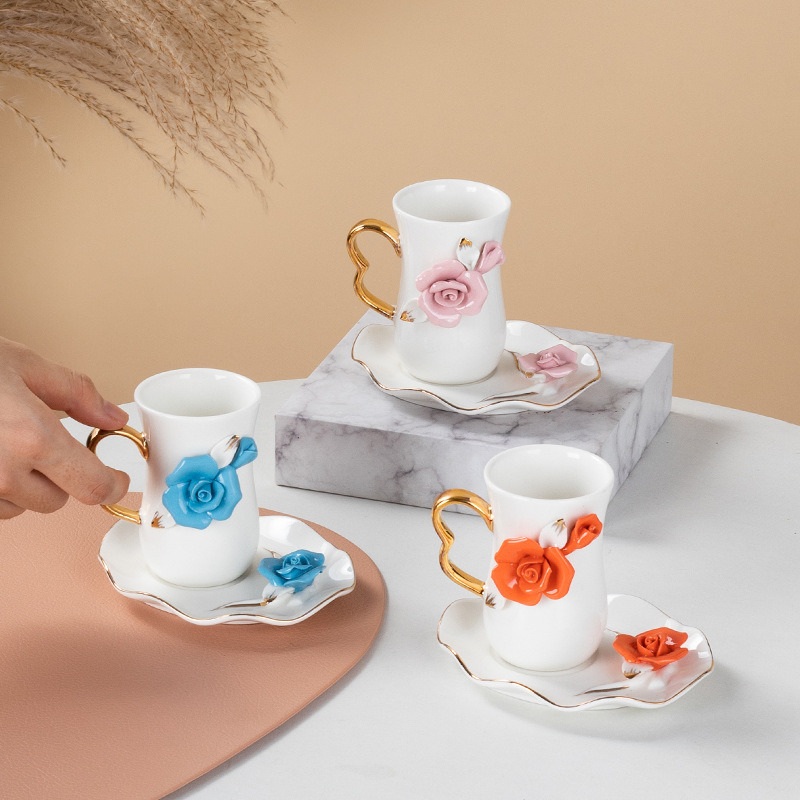 Factory Wholesale Personalized Elegant Top Quality Arabic Style British Handicraft 3D Rose Porcelain Tea Cup and Saucer Set with Gift Box 12PCS – Coffee Mug and Ceramic price