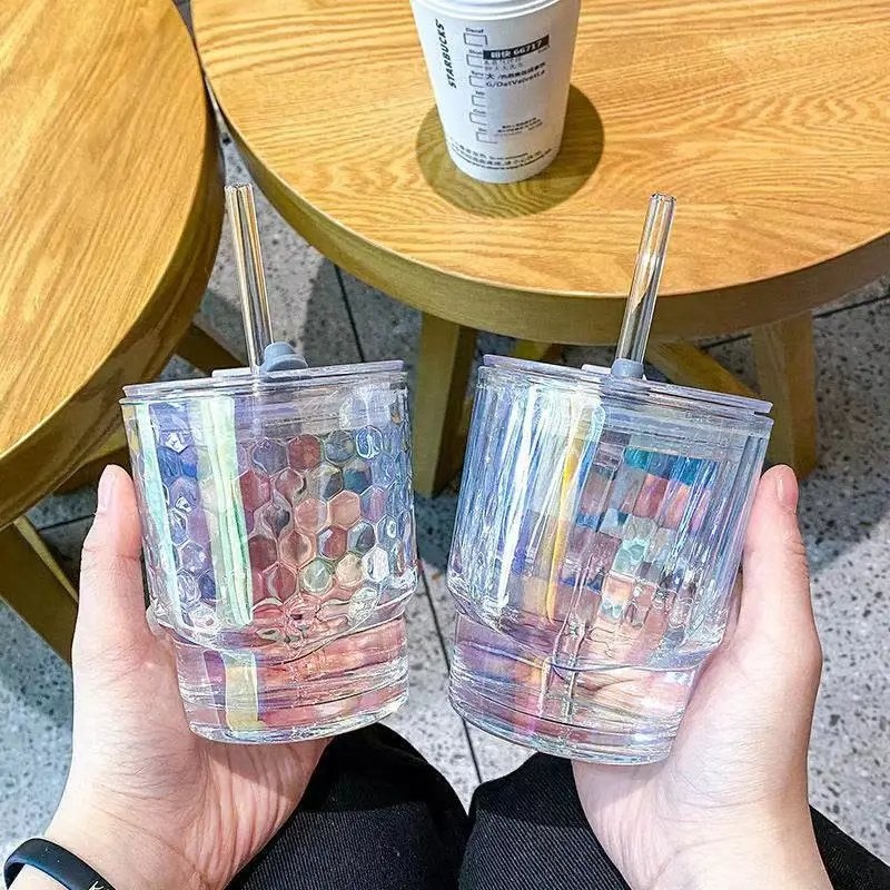 Luxury Beautiful Color Striped DOT Milk Tea Glass Cup with Straw Lid – Office Cup and Coffee Bottle price